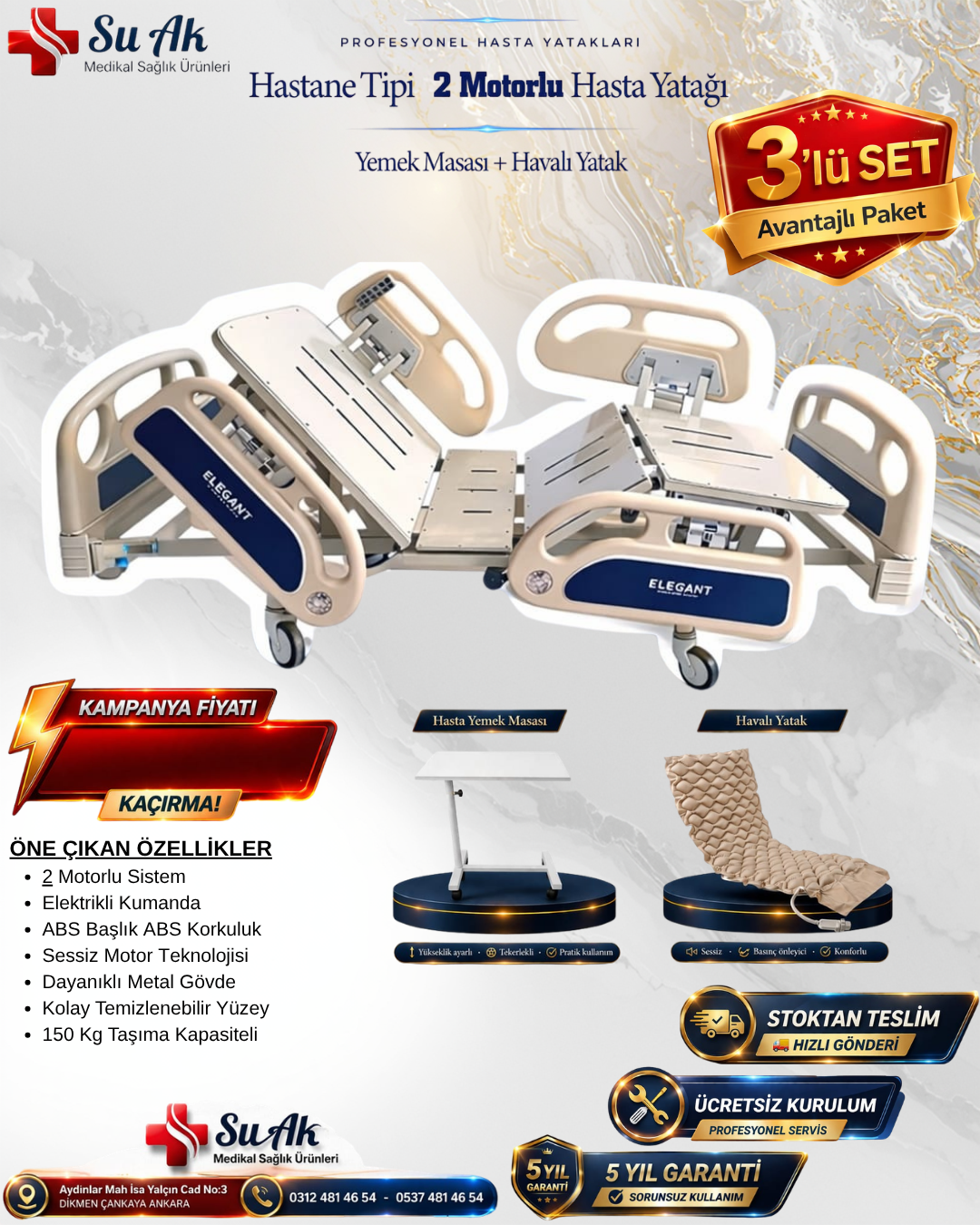 2 Motorlu Hasta Karyolası Full ABS (Piston Motorlu) + Hasta Yemek Masası + Havalı Yatak