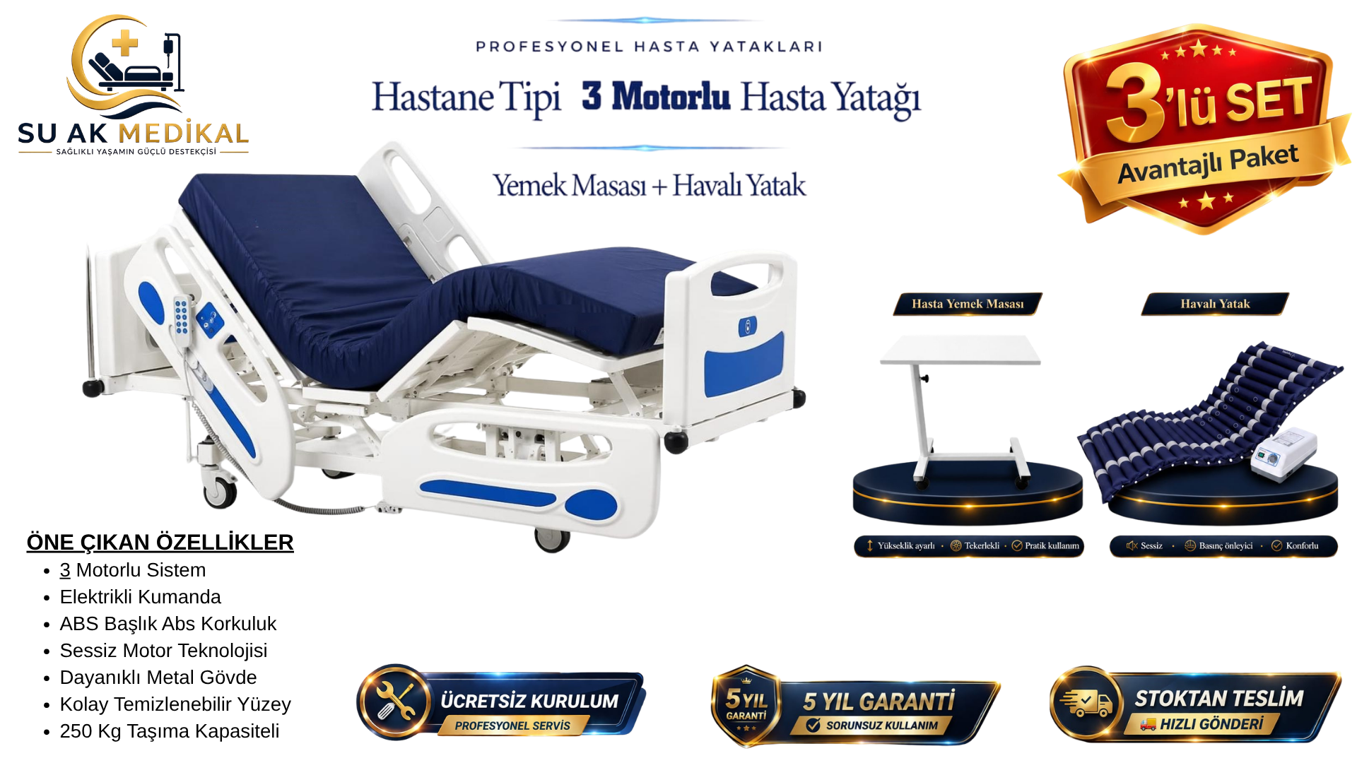 İthal 3 Motorlu Hasta Yatağı Full ABS (Piston Motorlu) + Hasta Yemek Masası + Havalı Yatak