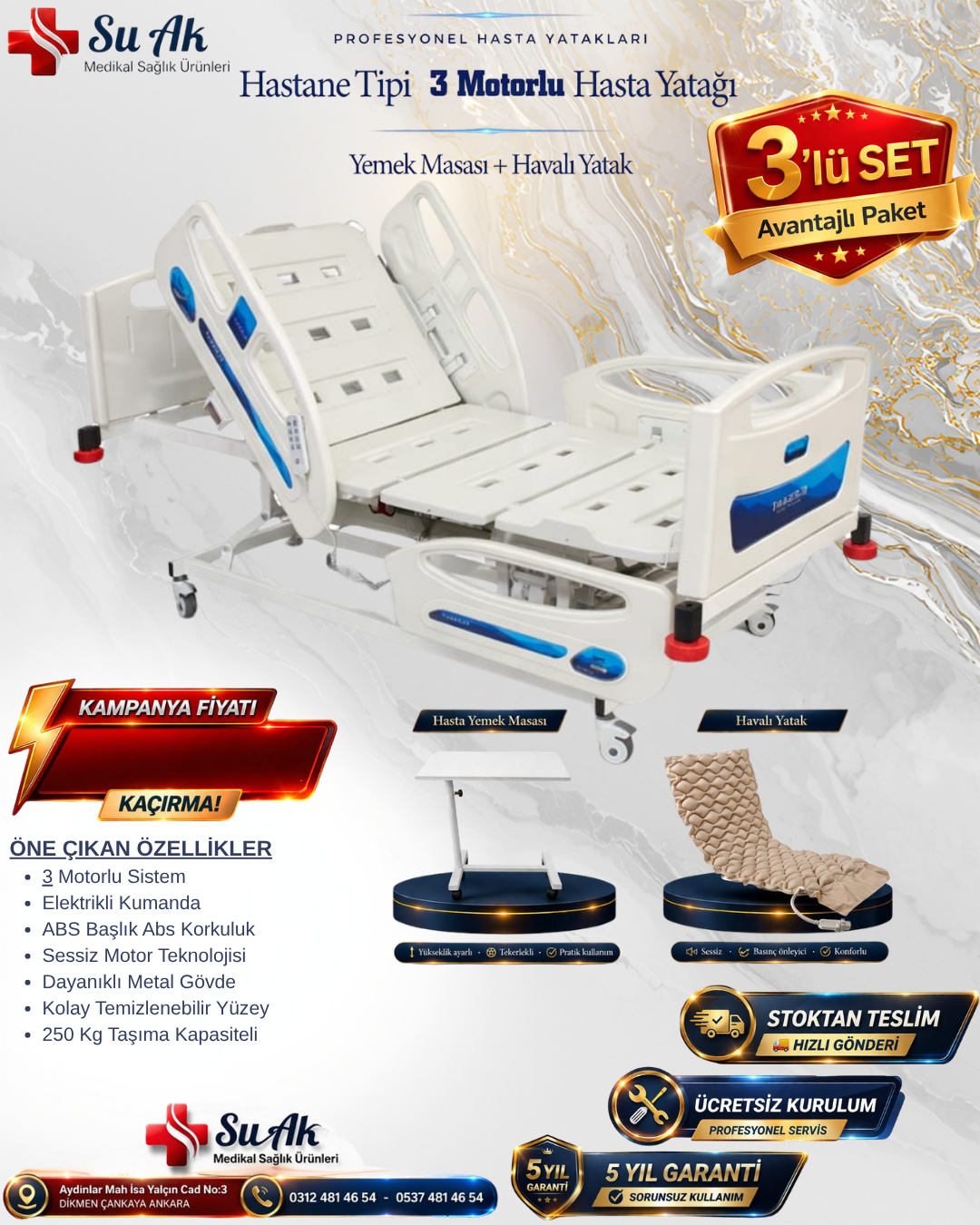 İthal 3 Motorlu Hasta Yatağı Full ABS (Piston Motorlu) + Hasta Yemek Masası + Havalı Yatak